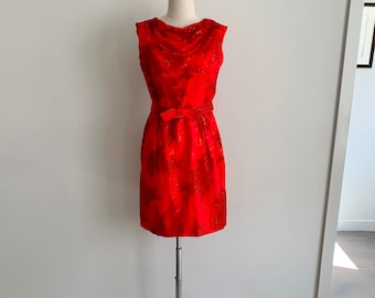 1960s red chiffon print with sparkles belted cocktail dress-size S (4-6)