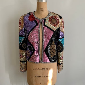 Striking abstract beaded and sequined short evening jacket. Size S image 1