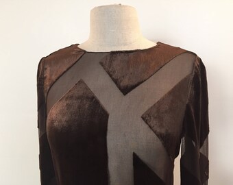 Vintage Bill Blass brown silk velvet geometric burnout dress NWT