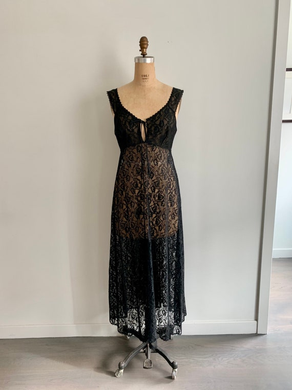 Lovely long black lace lingerie gown with peek a … - image 2