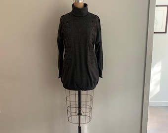 Escada Margaretha Ley vintage 1980s grey beaded and passementerie pullover turtleneck tunic sweater-size M/L