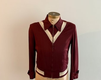 Irvin Foster vintage 1950s maroon rayon gaberdine jacket with chevron knit insert-size S