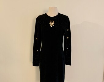 Steve Fabrikant vintage 1980s black wool dress with soutash & baubles-size XS/S