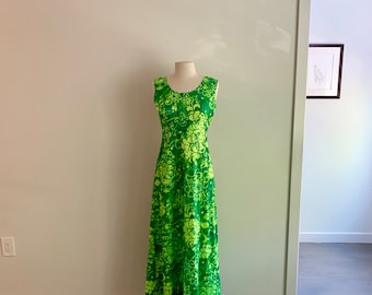 Alfred Shaheen Stores Waikiki Hawaii green tropical print hostess dress-size S
