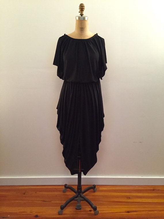 80s black nylon jersey draped dress - image 3