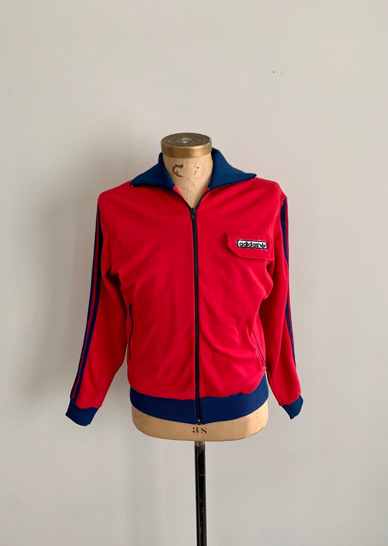 1980s vintage red and blue Adidas track jacket with hood-size M image 2