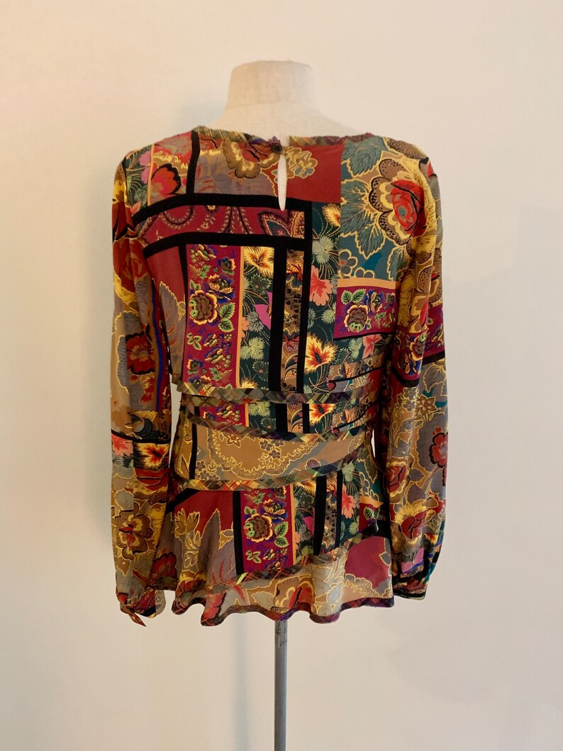 Beautiful Oscar de la Renta vintage 1980s fall floral patchwork print silk blouse-size 6 Bild 6