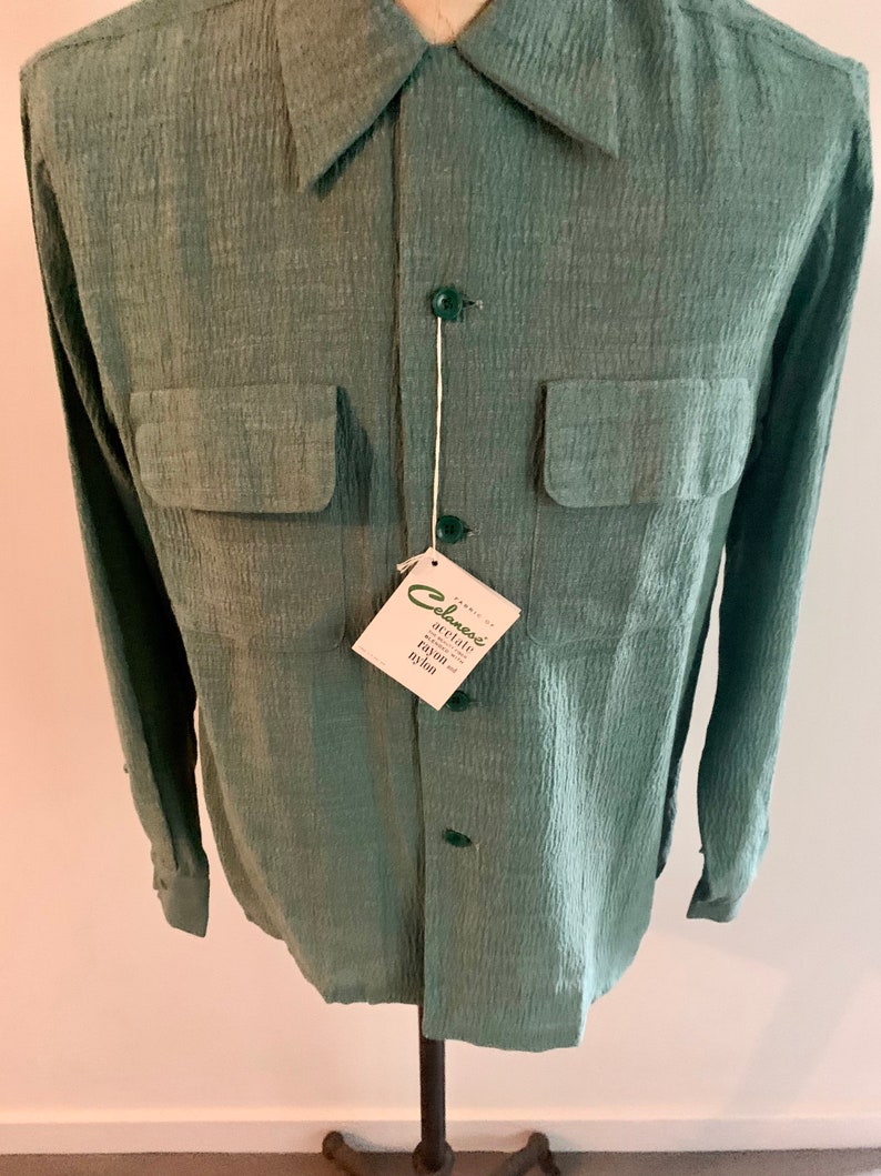 Fleetline Celanese 1950s acetate dead stock green mens ls shirt-Size M image 3