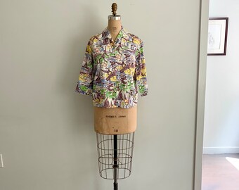 Vintage 1960s Picabe Italian made Cotton Olympic themed print summer blouse -size M