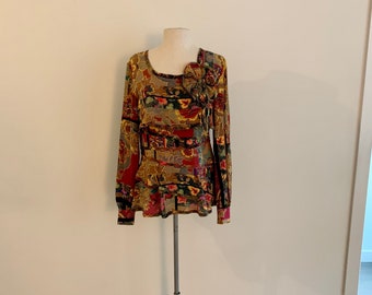 Beautiful Oscar de la Renta vintage 1980s fall floral patchwork print silk blouse-size 6