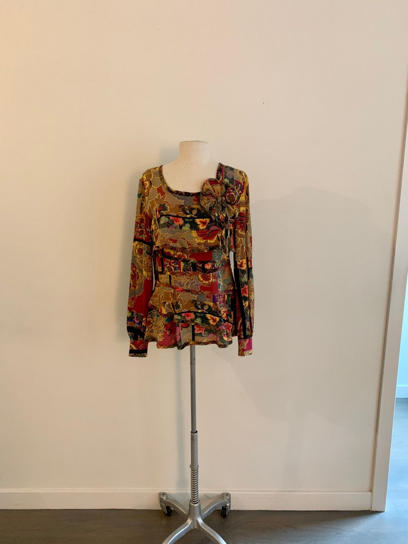 Beautiful Oscar de la Renta vintage 1980s fall floral patchwork print silk blouse-size 6 Bild 1