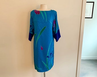 Flora Kung-blue floral damask print silk ls dress-size 8