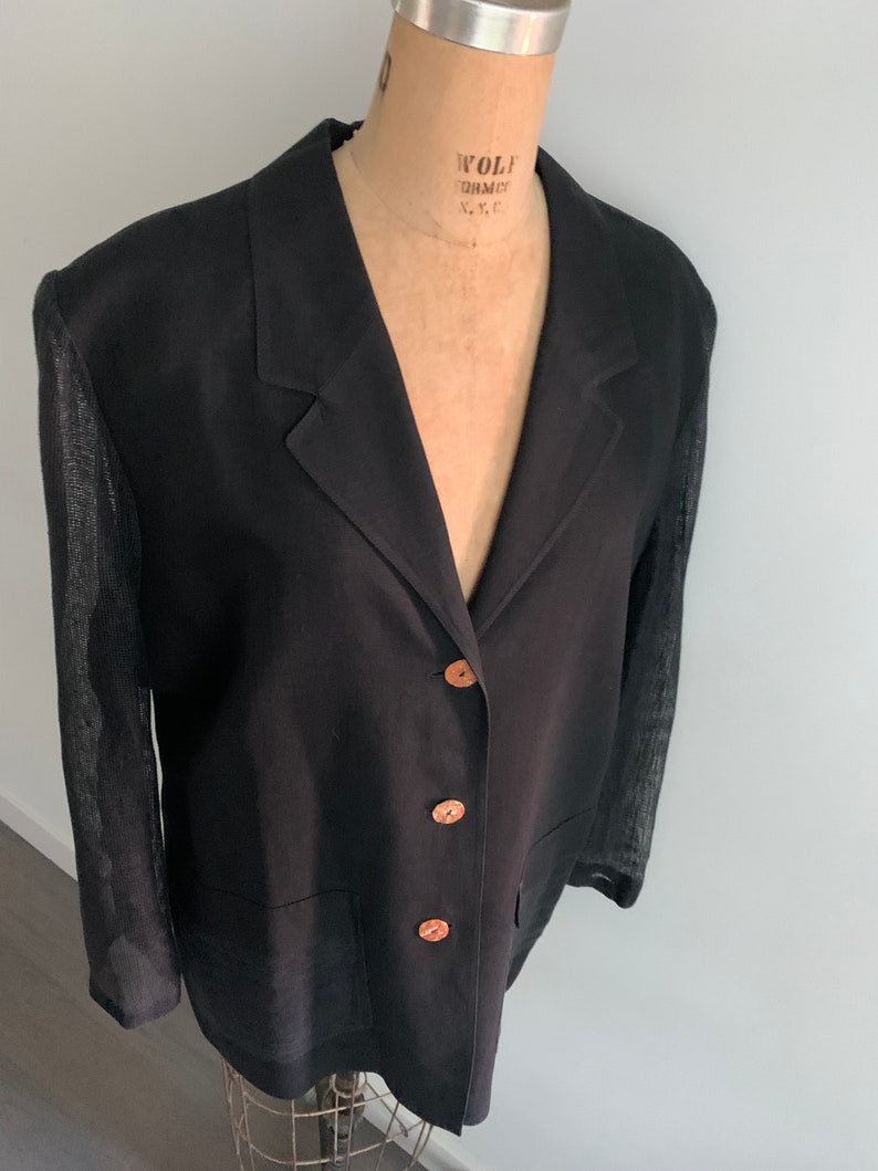 Louis Feraud Black Linen Blazer with Mesh Sleeves-Size M/L 14 image 2