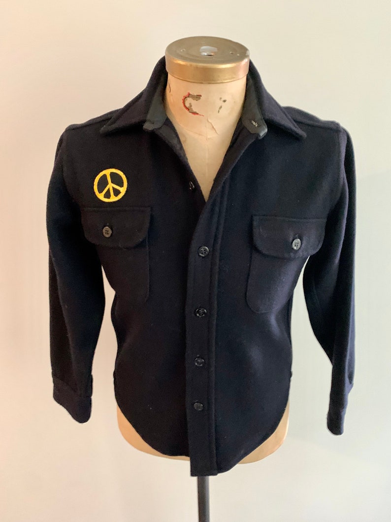 Van Heusen Windbreaker CPO Navy wool shirt jacket with peace sign patch-size S image 2