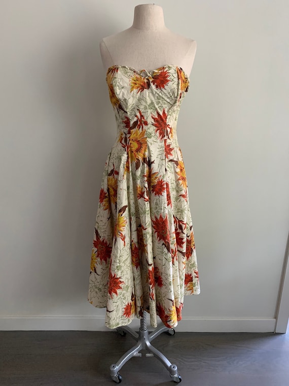 Fabulous 50s strapless cotton sunflower print dre… - image 1