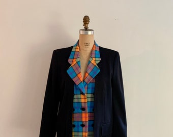 Escada by Margaretha Ley vintage 90s bright plaid and black unusual double front wool blazer-size M/L (marked 34)