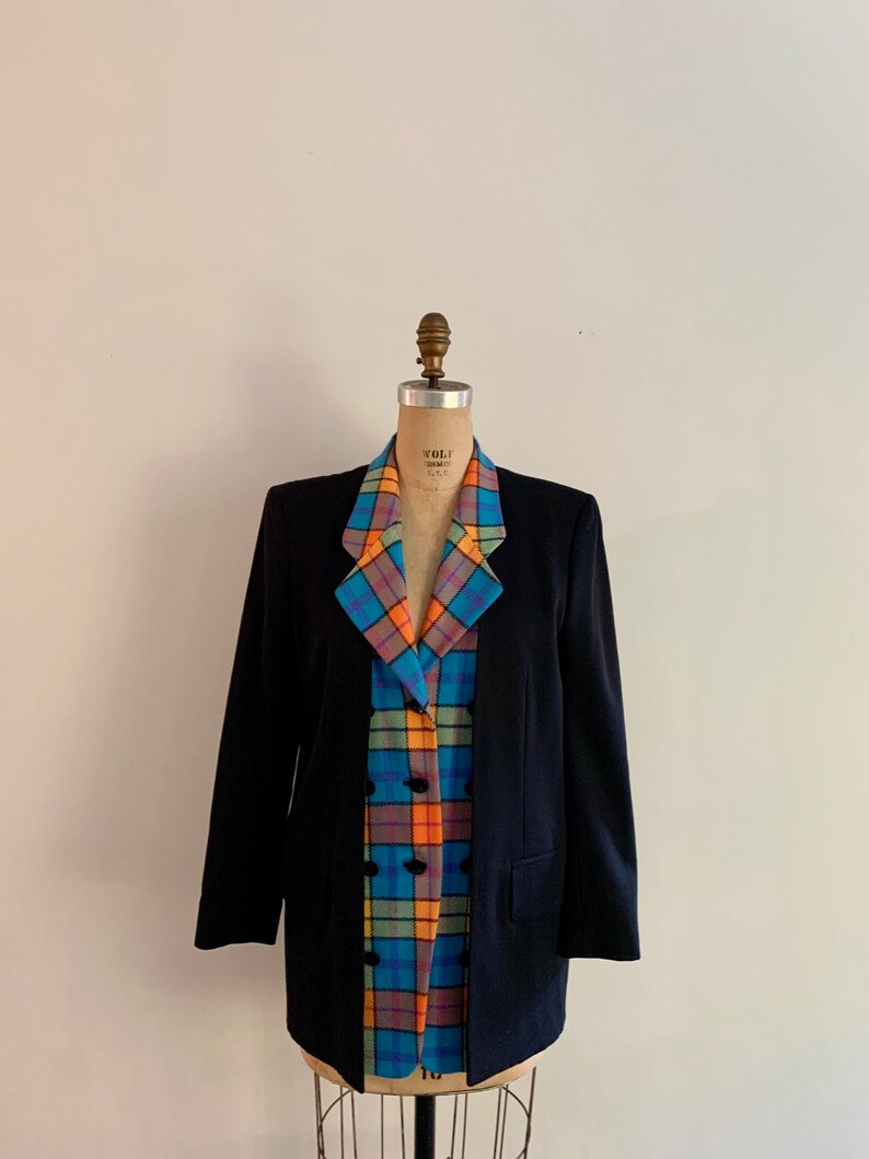 Escada by Margaretha Ley vintage 90s bright plaid and black unusual double front wool blazer-size M/L marked 34 image 1