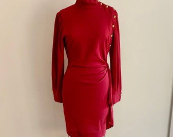 Ungaro Parallele Paris crimson red vintage 80s/90s wool dress, high neck with brass buttons and side flounce- size 8