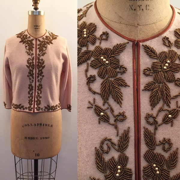 Hattie Carnagie Blue Room exsquite beaded beige cardigan