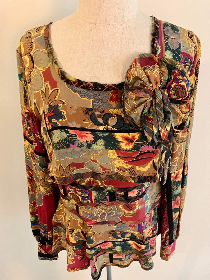 Beautiful Oscar de la Renta vintage 1980s fall floral patchwork print silk blouse-size 6 Bild 3