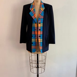 Escada by Margaretha Ley vintage 90s bright plaid and black unusual double front wool blazer-size M/L marked 34 image 2