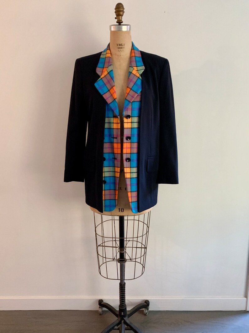 Escada by Margaretha Ley vintage 90s bright plaid and black unusual double front wool blazer-size M/L marked 34 image 2