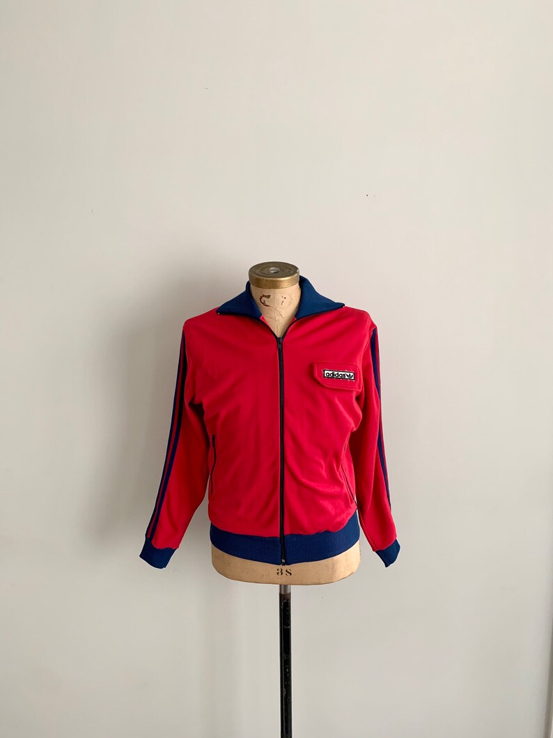 1980s vintage red and blue Adidas track jacket with hood-size M image 1