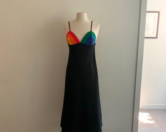 Spectacular 1970s Carol Poulson for Rainbow of CA black knit with rainbow top maxi dress-size xs-s