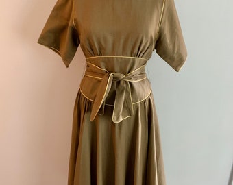 NR1-Ned Gould brown cotton/linen gold trim drindl waist dress-Size 10