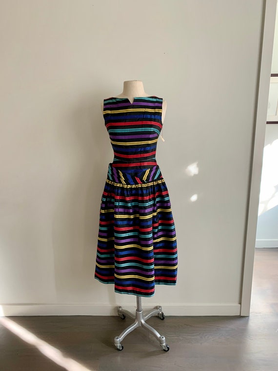 1960s Taffeta rainbow striped drop waist dress-siz