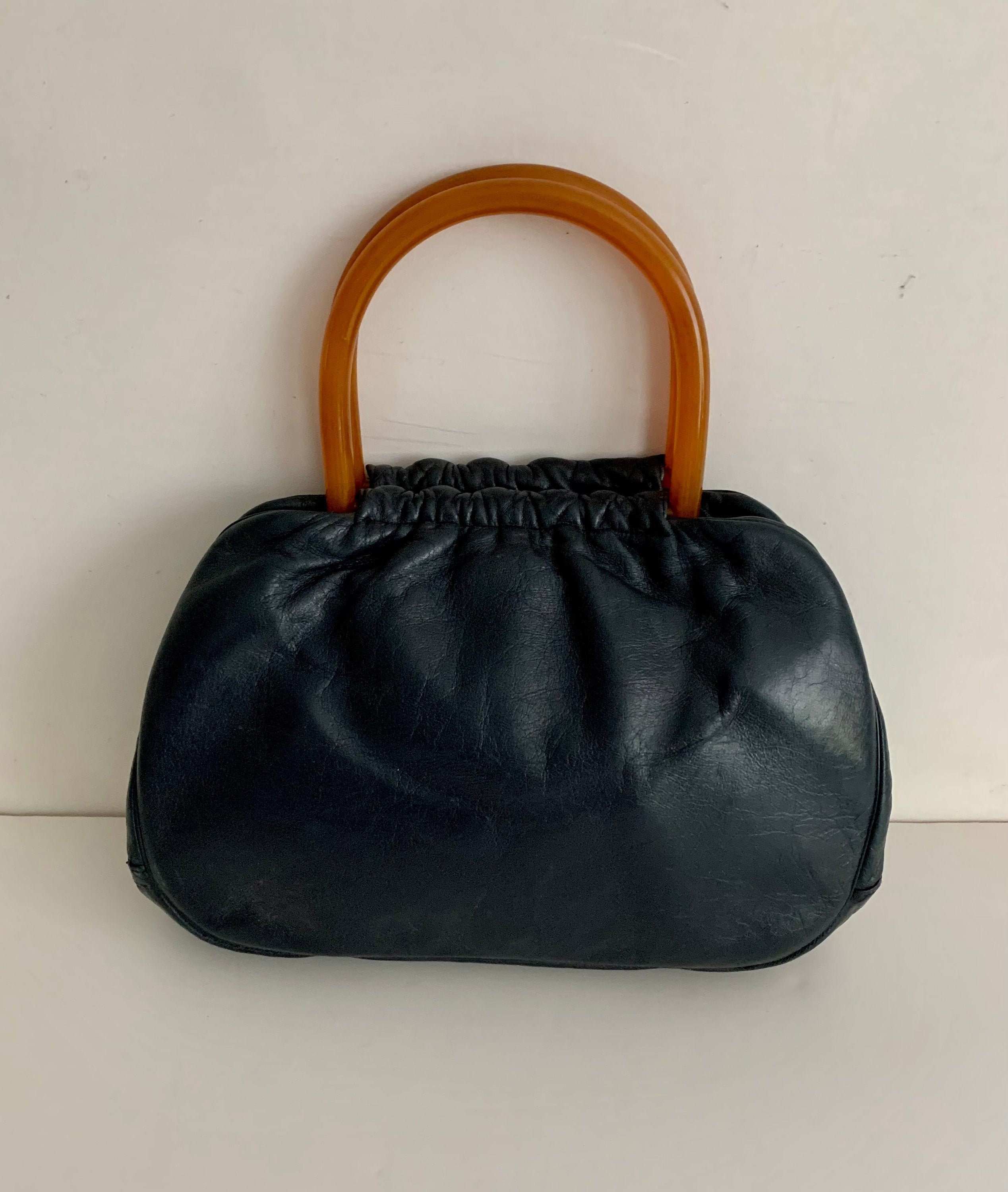 Vintage purse Black woven straps Italy wood handle 12 x 9