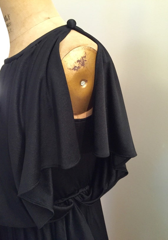 80s black nylon jersey draped dress - image 5