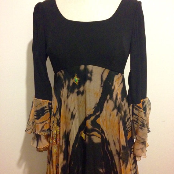 70's Blk Crepe/Silk Chiffon Tie Dye Print Dress-Si