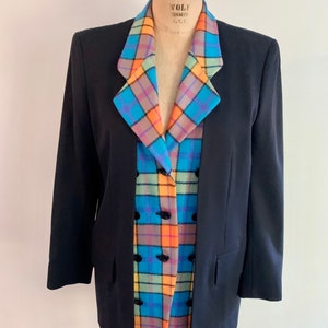 Escada by Margaretha Ley vintage 90s bright plaid and black unusual double front wool blazer-size M/L marked 34 image 4