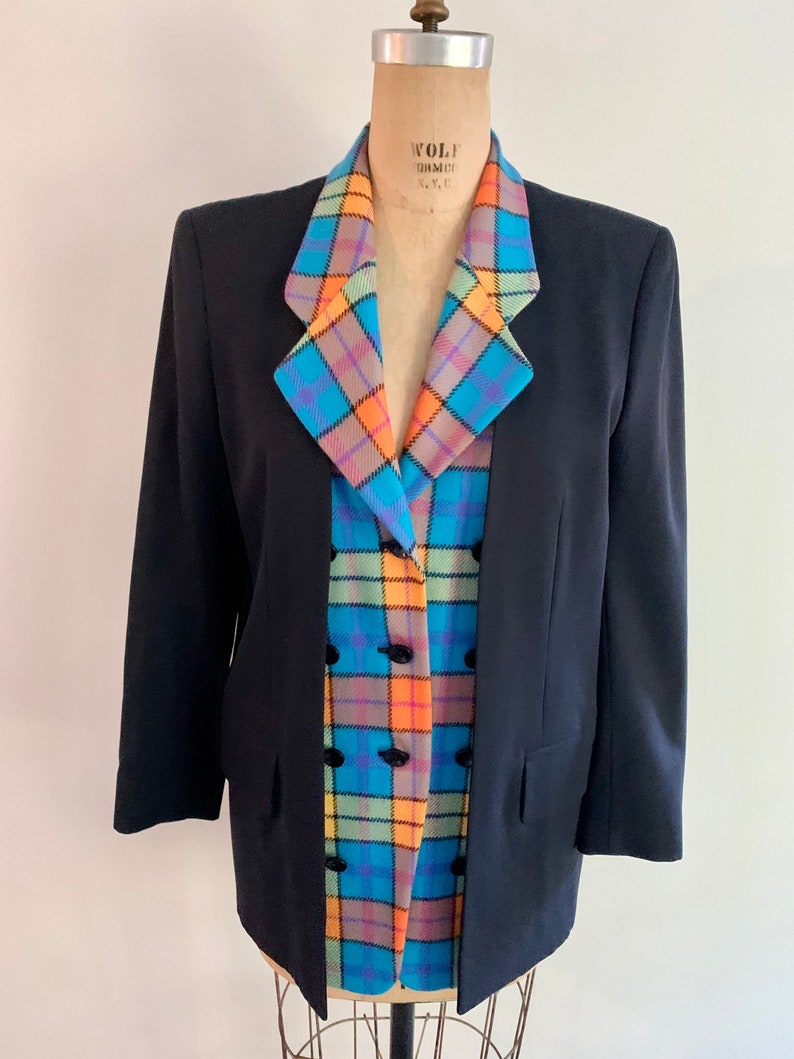 Escada by Margaretha Ley vintage 90s bright plaid and black unusual double front wool blazer-size M/L marked 34 image 4