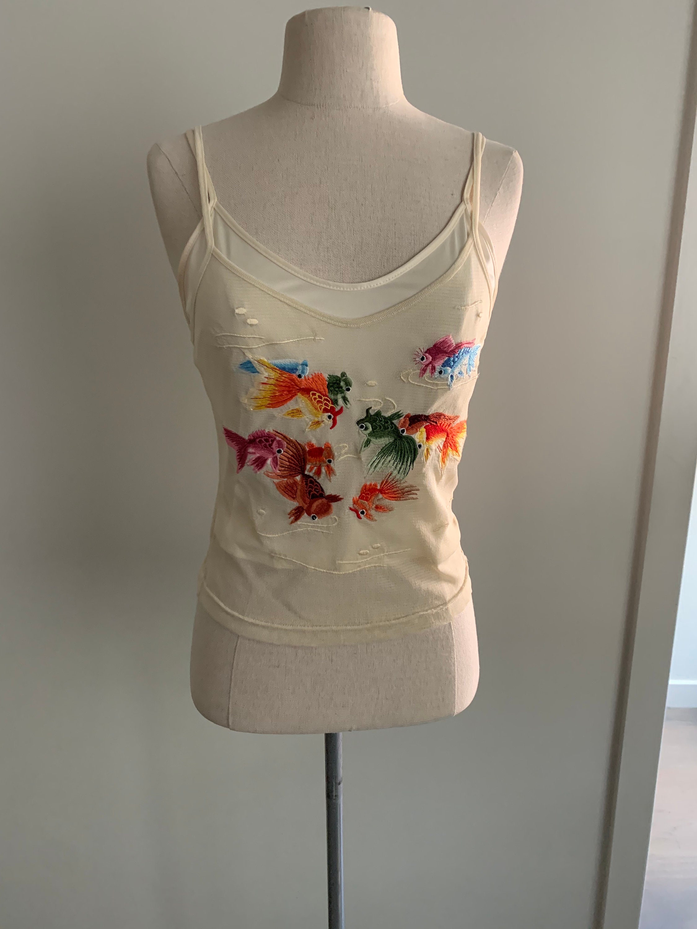 Vivienne Tam Fish Embroidered Cream Mesh Tank With Cami-size XS - Etsy