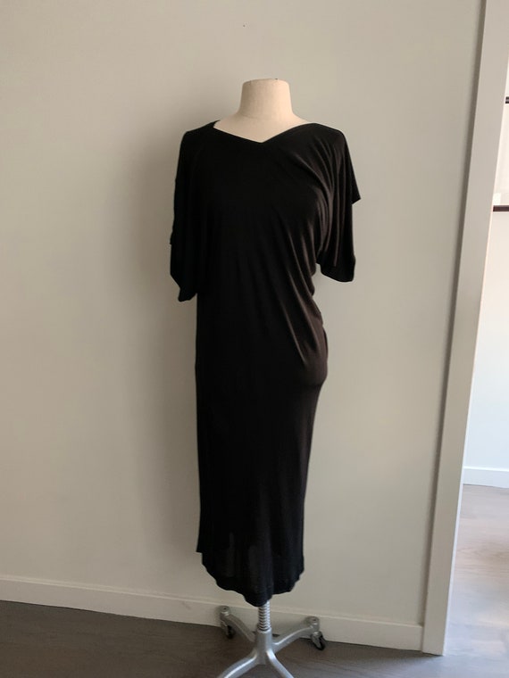 Stunning Jean Muir Black Rayon Jersey Knit Asymmetrical Dress-Size 10 (US)