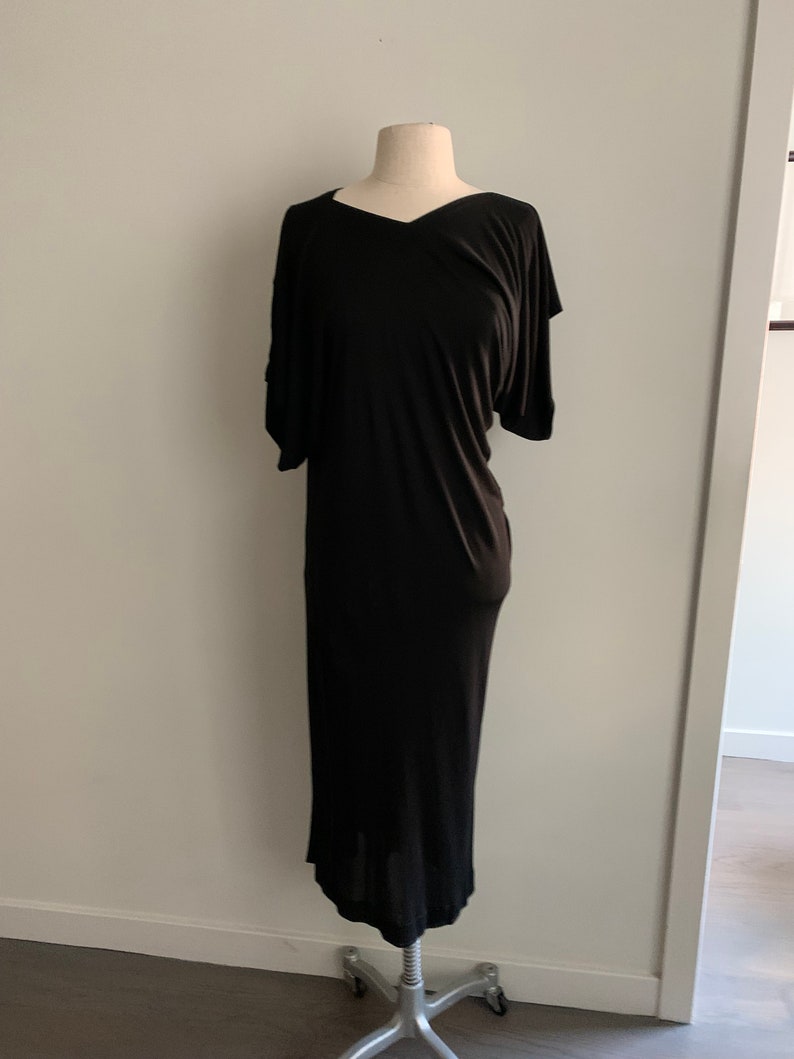 Stunning Jean Muir Black Rayon Jersey Knit Asymmetrical Dress-Size 10 US image 1