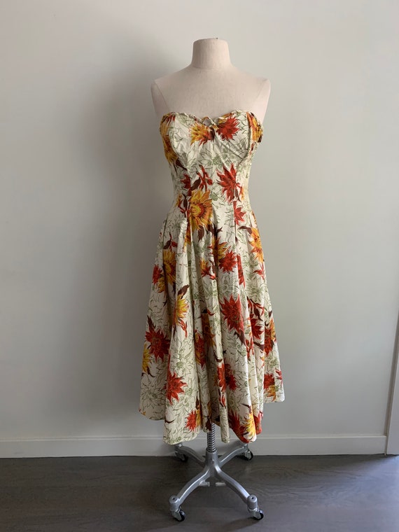 Fabulous 50s strapless cotton sunflower print dre… - image 8