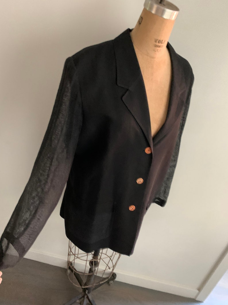 Louis Feraud Black Linen Blazer with Mesh Sleeves-Size M/L 14 image 3