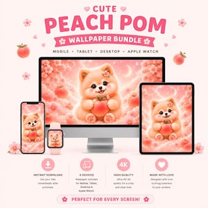 May include: A digital wallpaper bundle featuring a cute peach-coloured Pomeranian dog holding a peach. The bundle includes wallpapers for mobile, tablet, desktop, and Apple Watch. The image has the text "CUTE PEACH POM WALLPAPER BUNDLE".