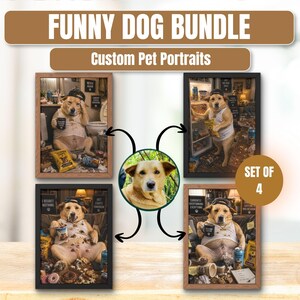 Op de afbeelding: Een set van vier ingelijste, gepersonaliseerde dierenportretten met een hond in humoristische scenario's. De bovenste banner luidt "FUNNY DOG BUNDLE" en "Custom Pet Portraits". De hond wordt afgebeeld in verschillende omgevingen, waaronder een badkamer en een koelkast.