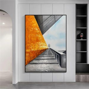 Handgeschilderd abstract olieverfschilderij, architecturale gang, zwart-wit-oranje decoratie