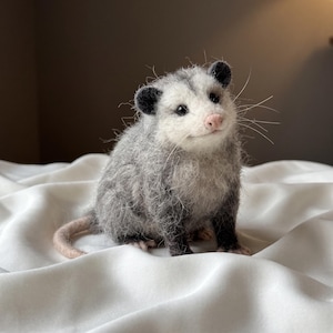 May include: A needle-felted opossum figurine featuring a white face, a pink nose, and dark grey ears. The body is covered in textured, shaggy grey and white fur with long whiskers extending from the snout and a long, smooth, light pink tail.