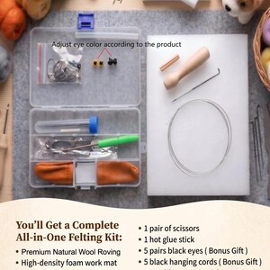 May include: A needle felting kit containing a clear plastic storage box with compartments, a white foam work mat, wool roving in various colors, felting needles, leather finger guards, scissors, a glue stick, black eyes, and hanging cords.