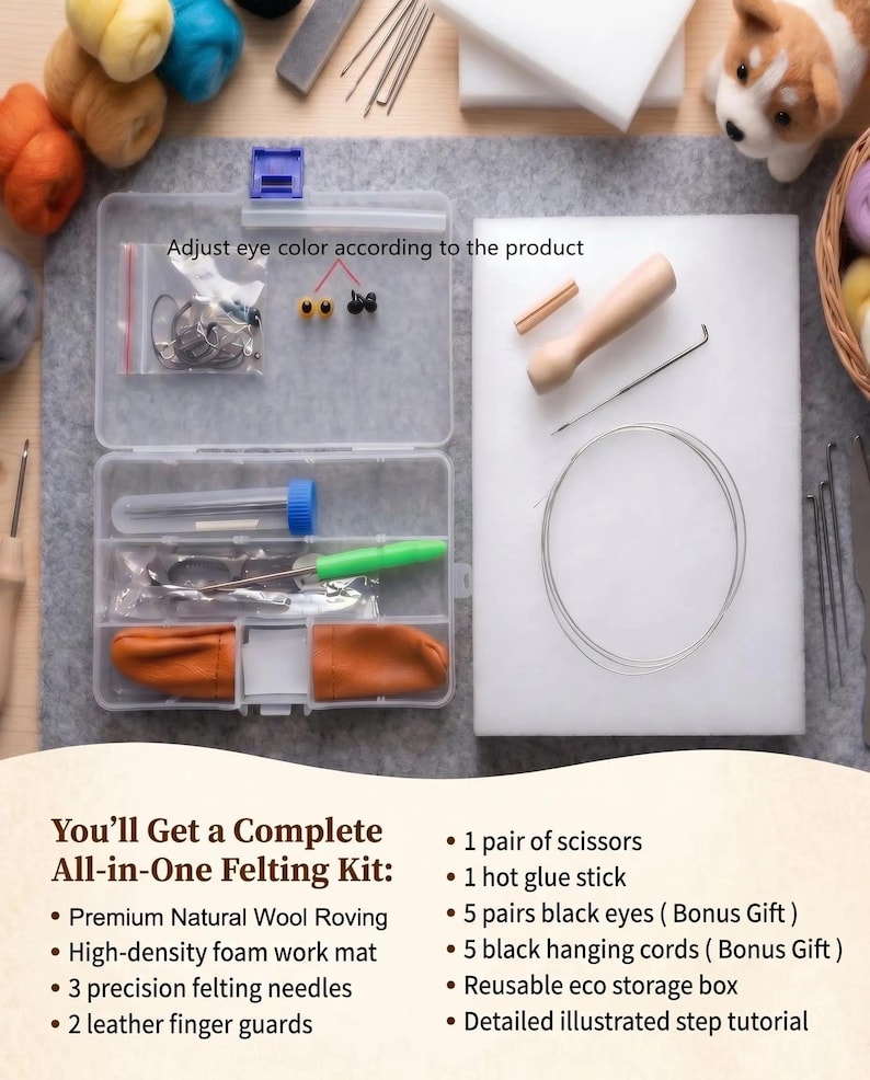 May include: A needle felting kit containing a clear plastic storage box with compartments, a white foam work mat, wool roving in various colors, felting needles, leather finger guards, scissors, a glue stick, black eyes, and hanging cords.
