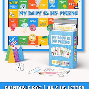 May include: A board game titled "My Body Is My Friend" with a blue border, featuring a game board, cards, dice, and game pieces. The game box and cards have the same title. The text "Printable PDF | A4 & US Letter" is at the bottom.