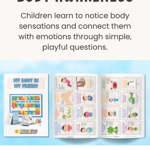 May include: A book and cards titled "My Body is My Friend" with the text "Body Awareness". The book and cards are designed to help children learn about body sensations and emotions through playful questions. The cards show illustrations of different body sensations.