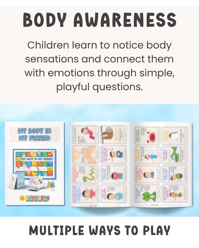 May include: A book and cards titled "My Body is My Friend" with the text "Body Awareness". The book and cards are designed to help children learn about body sensations and emotions through playful questions. The cards show illustrations of different body sensations.