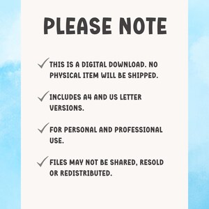 May include: A digital download notice on a white background with a watercolor blue and white sky design. The text "PLEASE NOTE" is at the top, followed by bullet points about the digital nature of the product, including A4 and US letter versions.